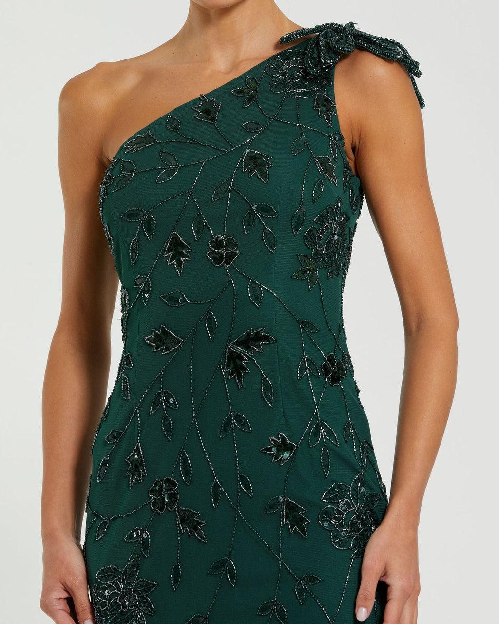 Green Floral Beaded One Shoulder Gown - Designer Collection
