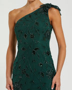 Green Floral Beaded One Shoulder Gown - Designer Collection