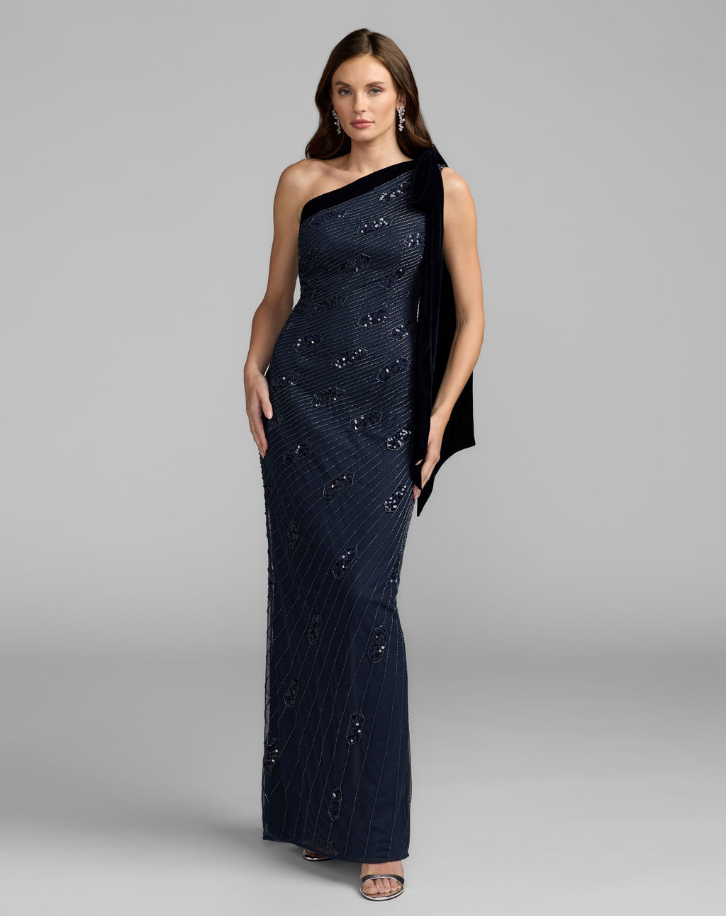 Navy Beaded One Shoulder Gown With Velvet Bow - Designer Collection