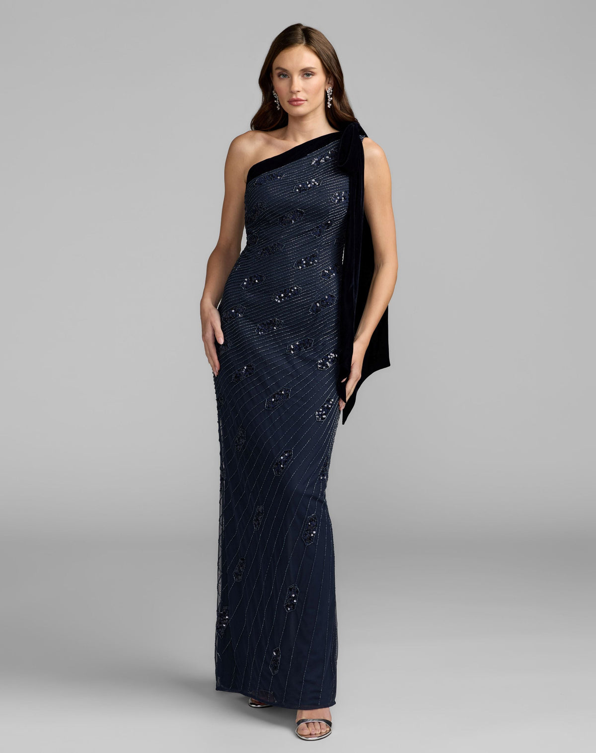 Navy Beaded One Shoulder Gown With Velvet Bow - Designer Collection