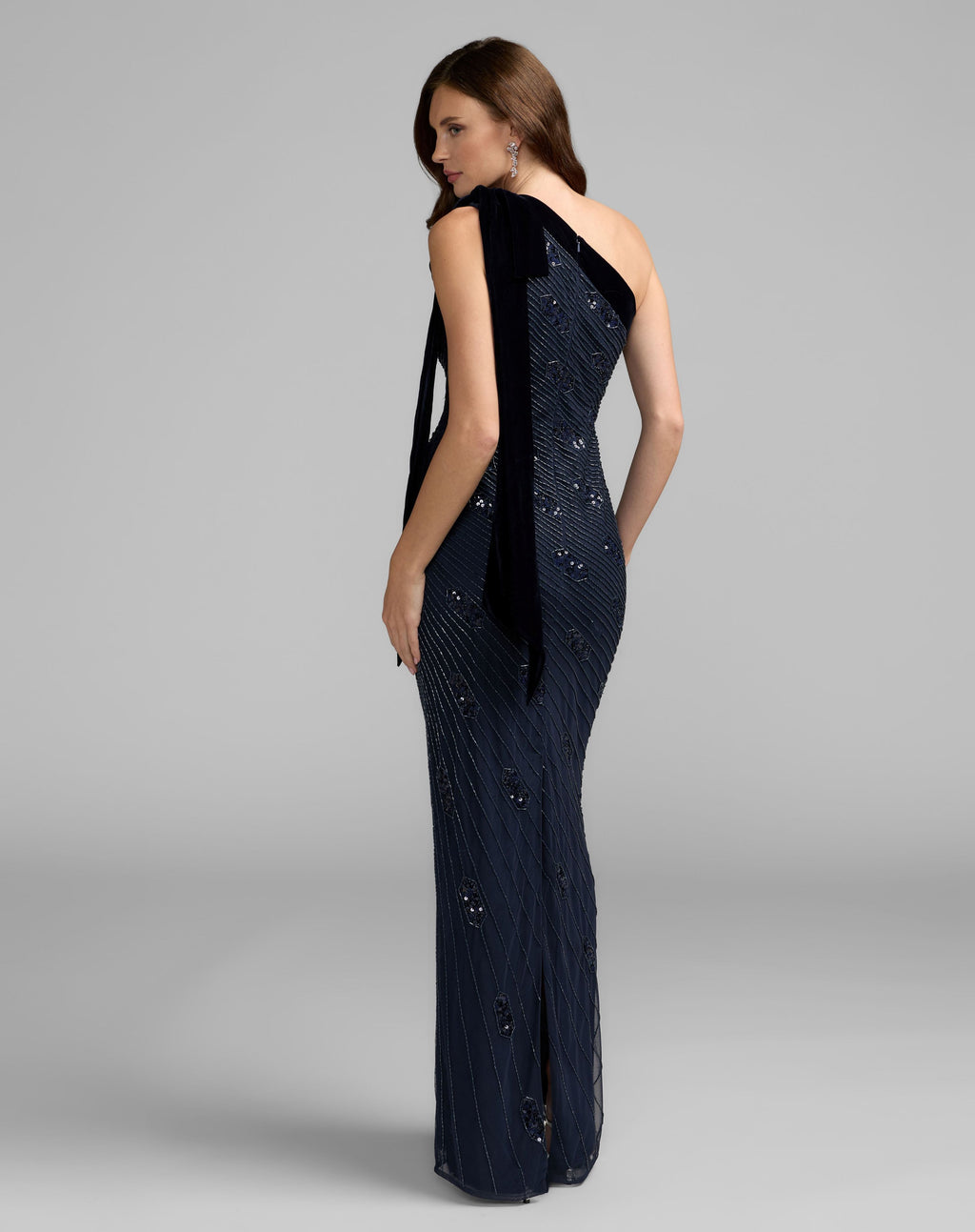 Navy Beaded One Shoulder Gown With Velvet Bow - Designer Collection