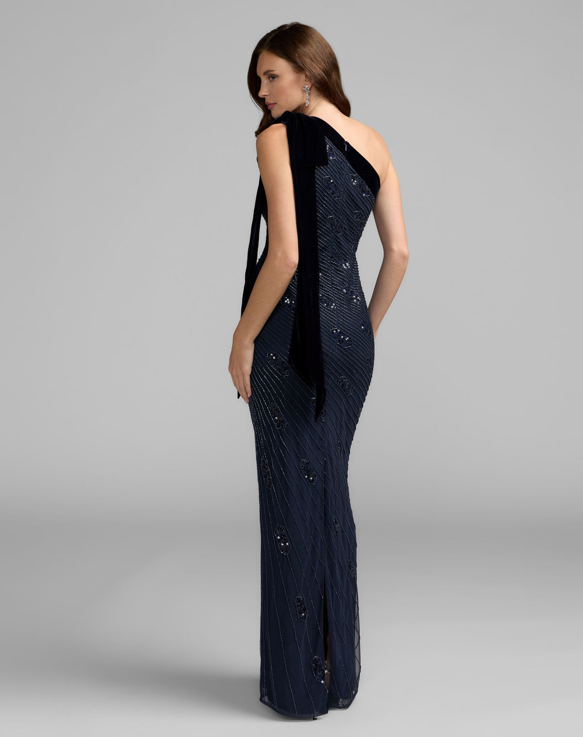 Navy Beaded One Shoulder Gown With Velvet Bow - Designer Collection