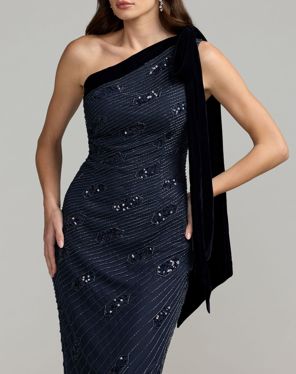 Navy Beaded One Shoulder Gown With Velvet Bow - Designer Collection