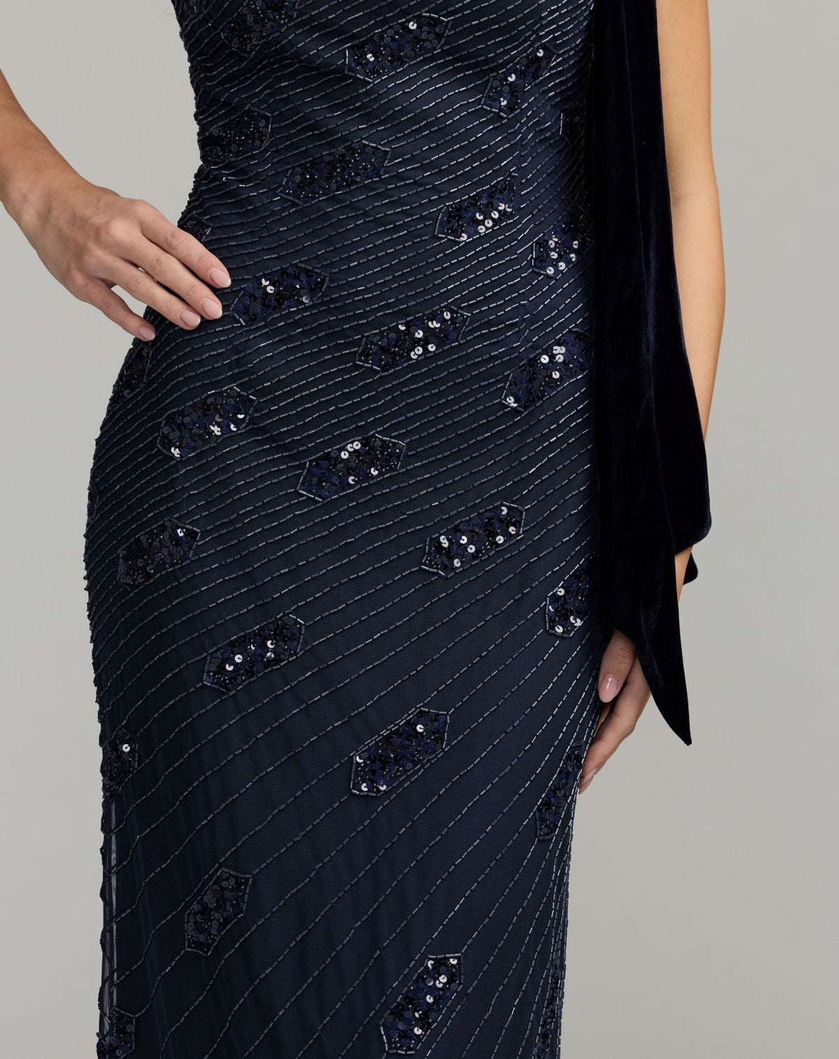 Navy Beaded One Shoulder Gown With Velvet Bow - Designer Collection