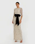Beaded Mesh 3/4 Sleeve Column Gown With Bow Belt - Designer Collection