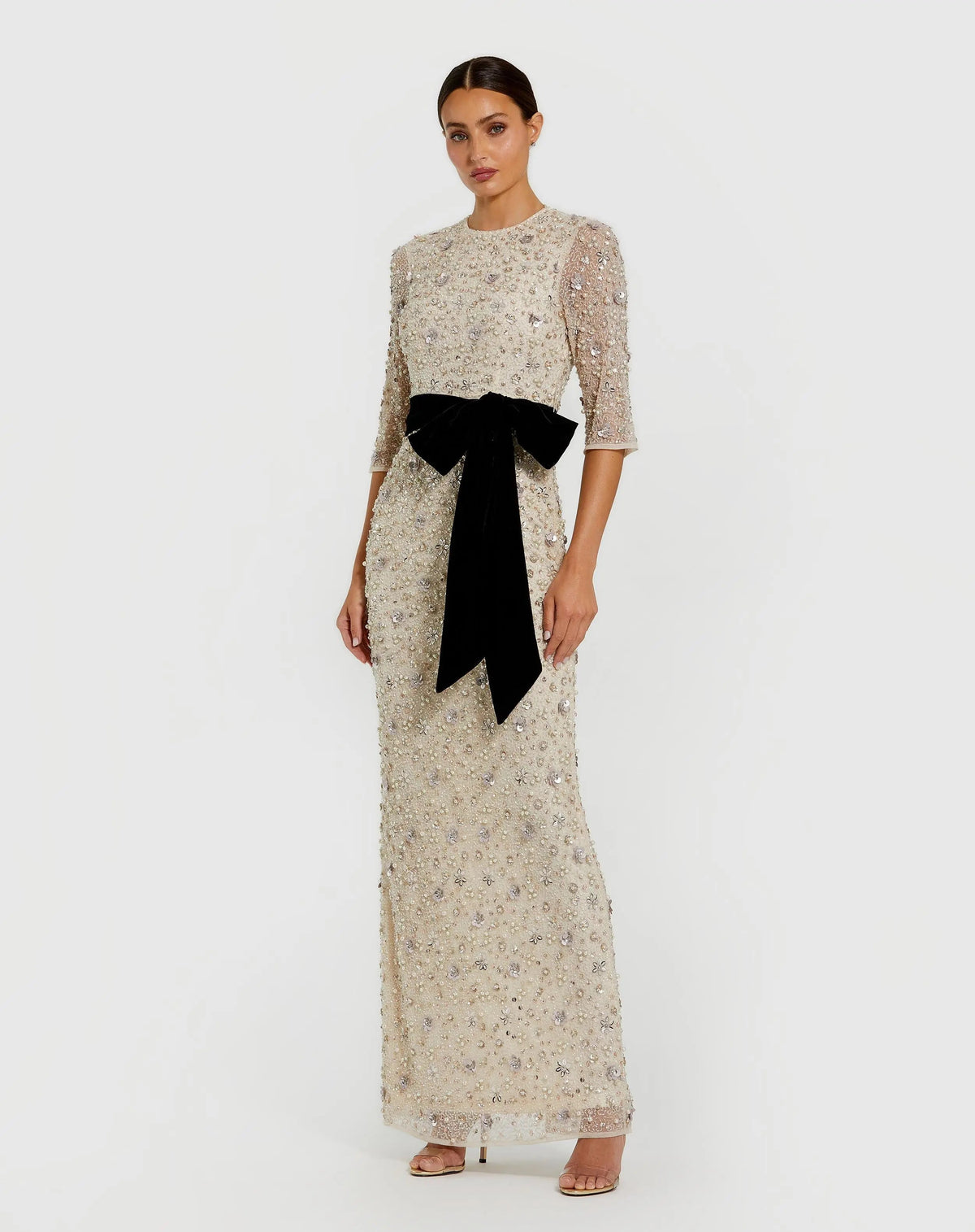 Beaded Mesh 3/4 Sleeve Column Gown With Bow Belt - Designer Collection
