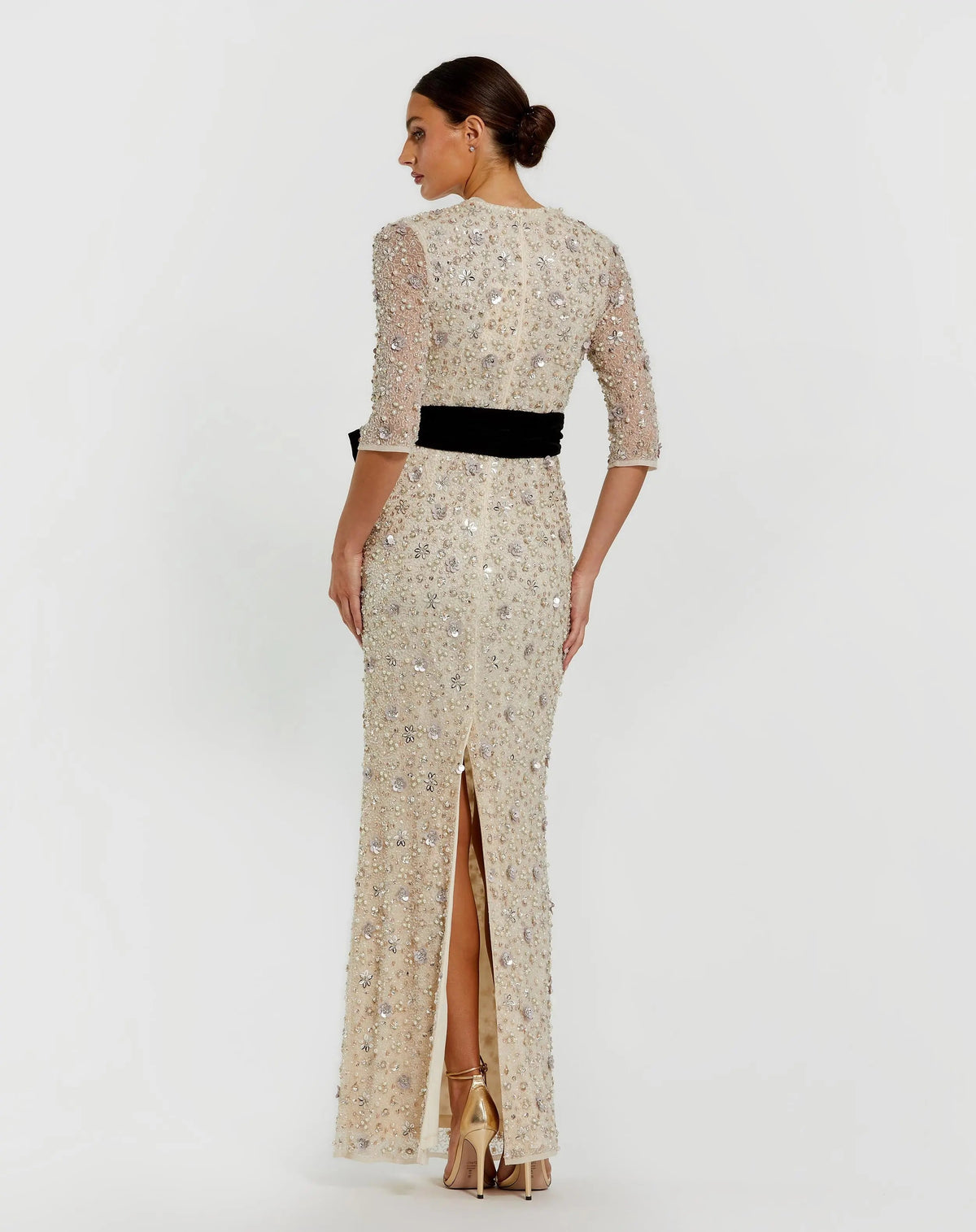 Beaded Mesh 3/4 Sleeve Column Gown With Bow Belt - Designer Collection