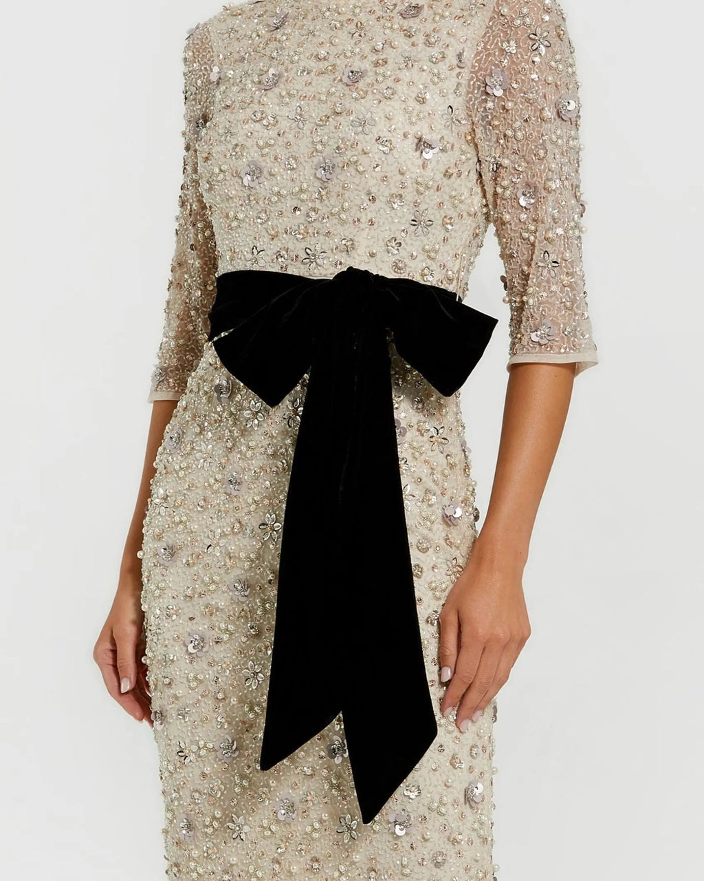 3/4 Sleeve Pearl Embellished Column Gown with Bow Belt Designer Collection