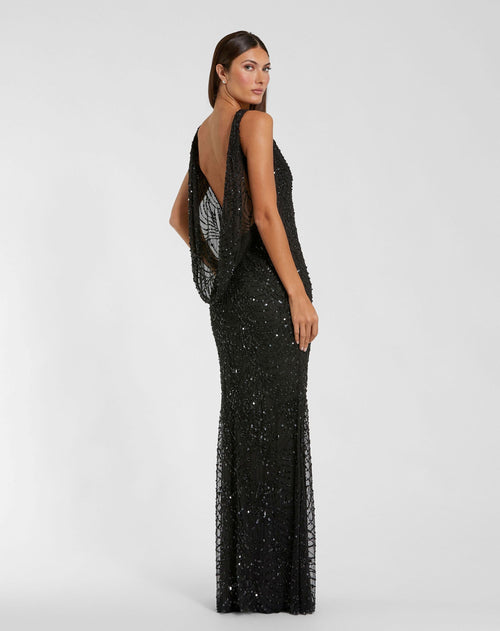 Black Beaded Open Back Column Gown Designer Collection