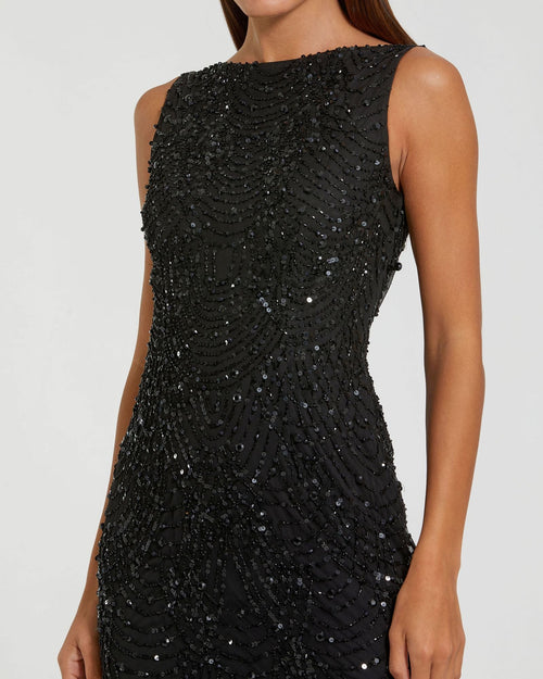 Black Beaded Open Back Column Gown Designer Collection