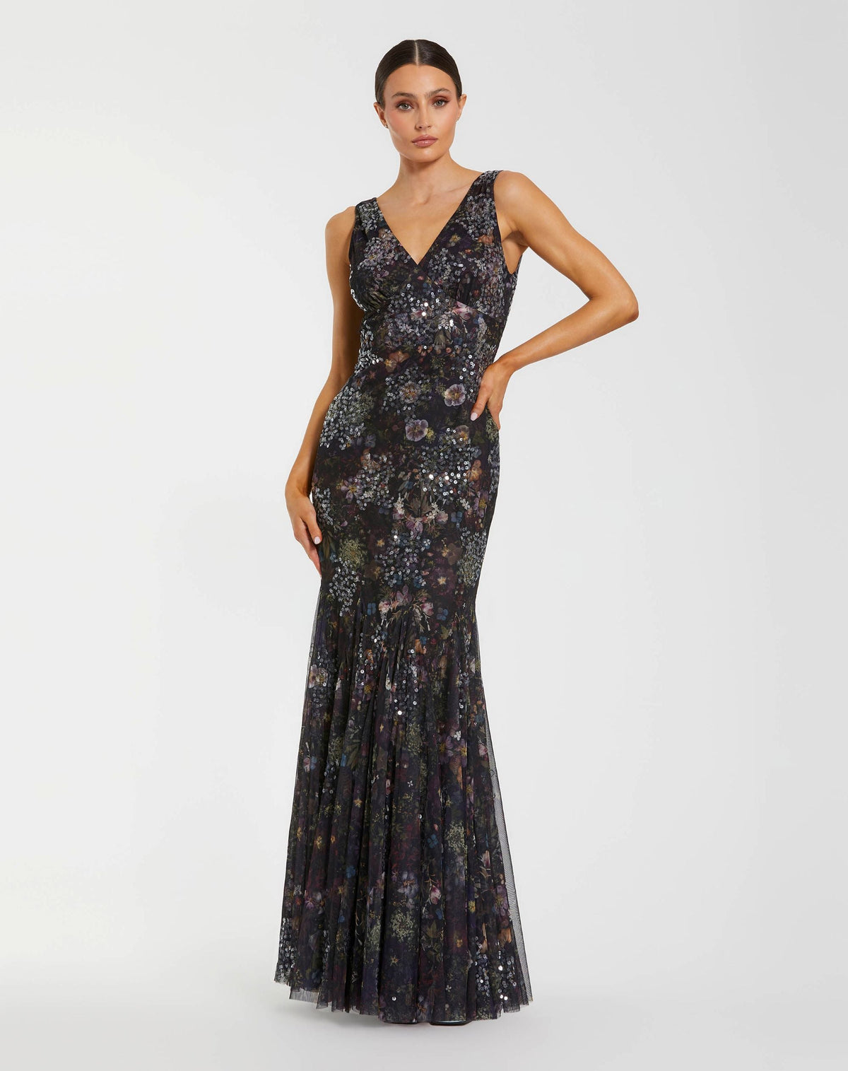 Black Embellished Floral Sleeveless V-Back Gown - Designer Collection