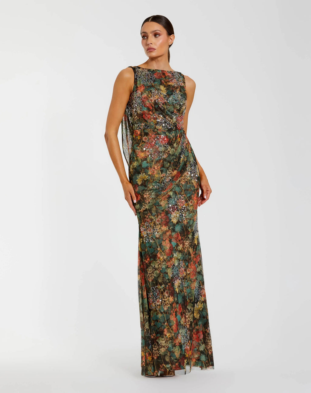 Multicolor Floral Embellished Column Gown with Cowl Back - Designer Collection