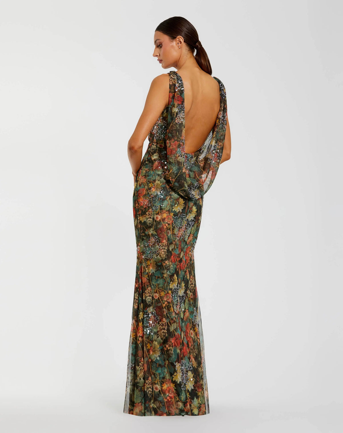 Multicolor Floral Embellished Column Gown with Cowl Back - Designer Collection