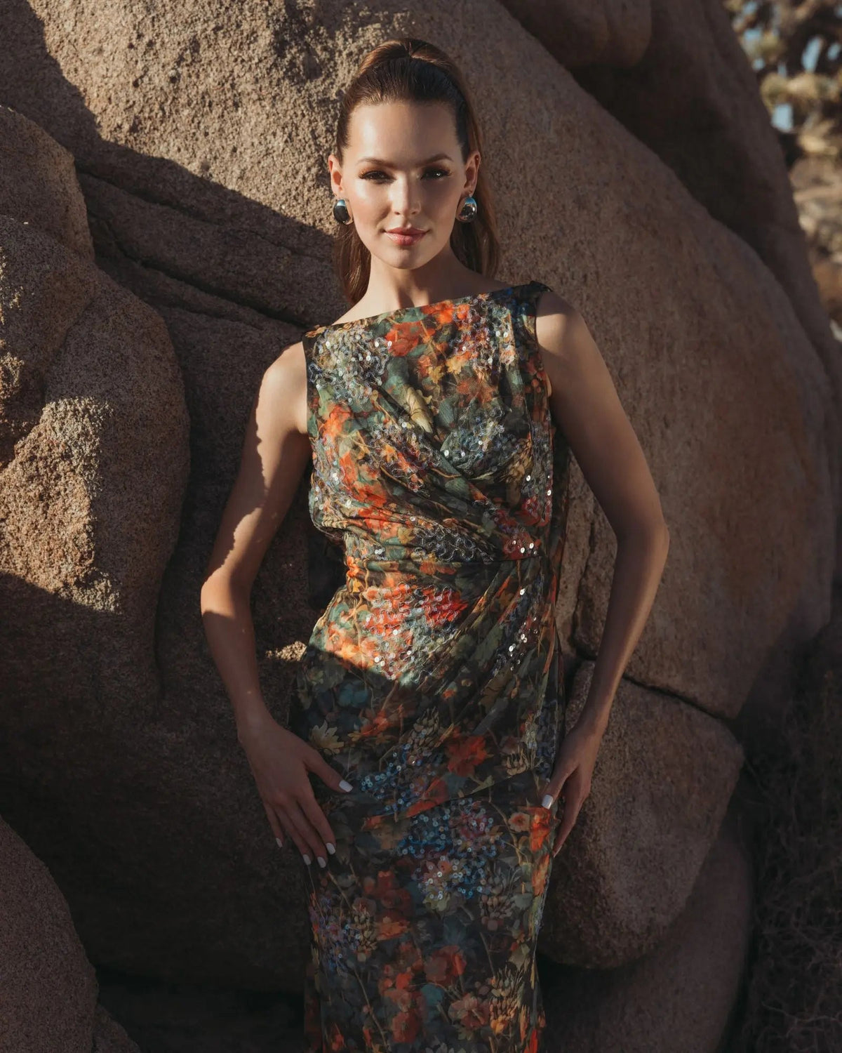 Multicolor Floral Embellished Column Gown with Cowl Back - Designer Collection