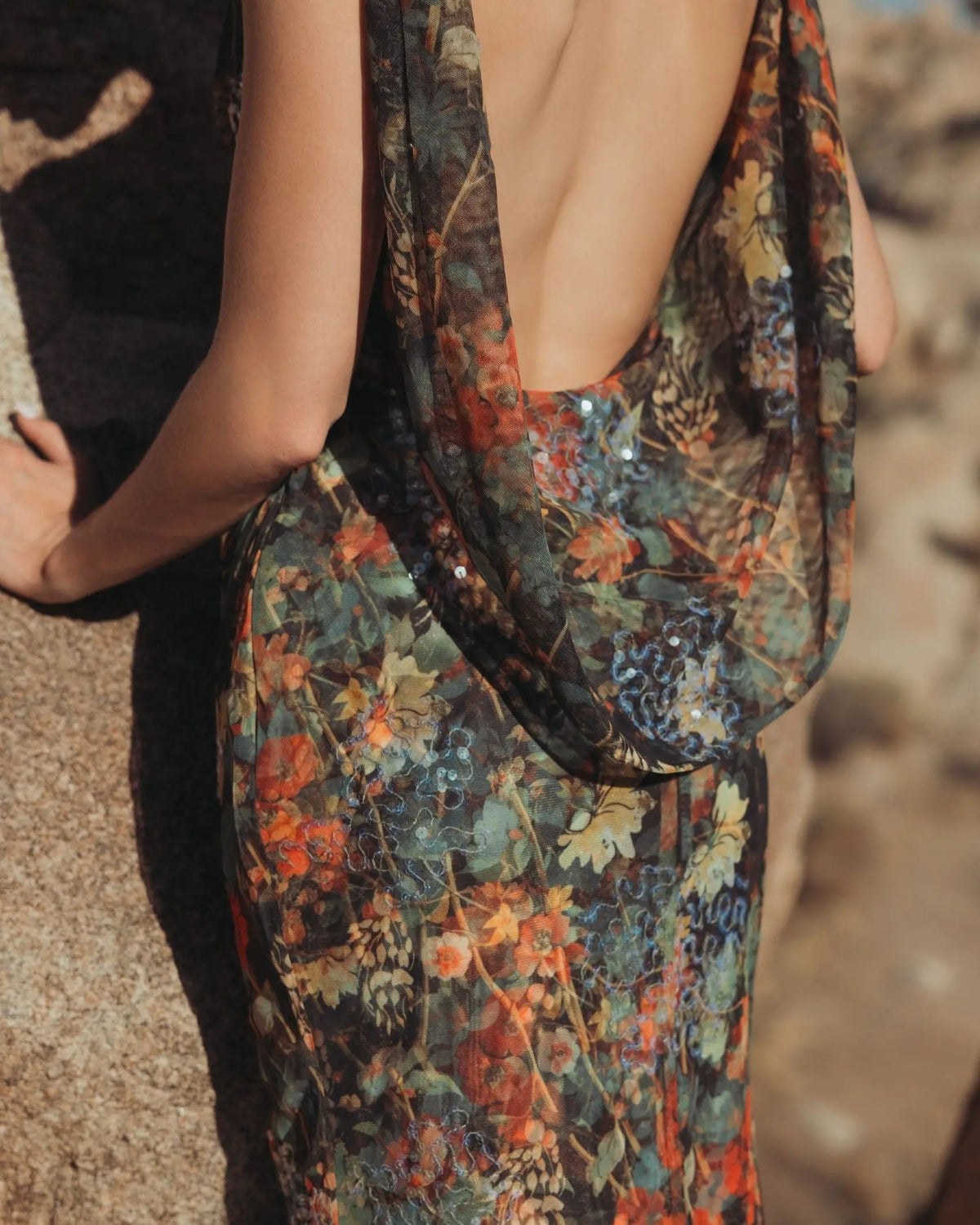 Multicolor Floral Embellished Column Gown with Cowl Back - Designer Collection