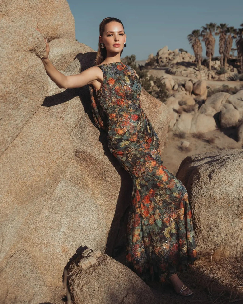 Multicolor Floral Embellished Column Gown with Cowl Back - Designer Collection