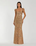 Gold Sequin Flutter Sleeve Trumpet Gown Designer Collection