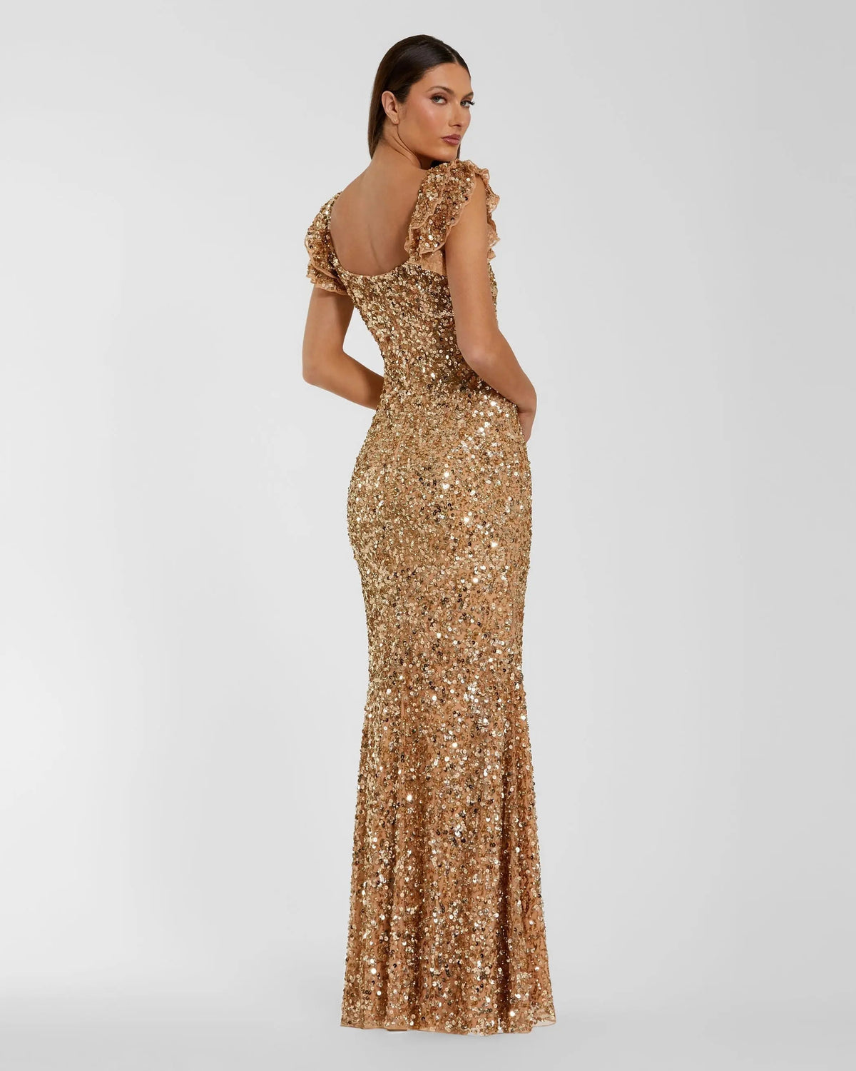 Gold Sequin Flutter Sleeve Trumpet Gown Designer Collection