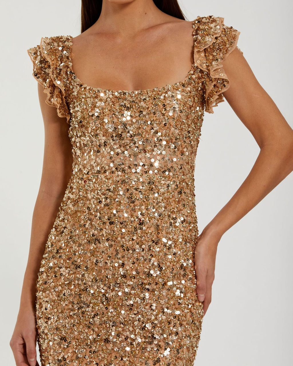 Gold Sequin Flutter Sleeve Trumpet Gown Designer Collection