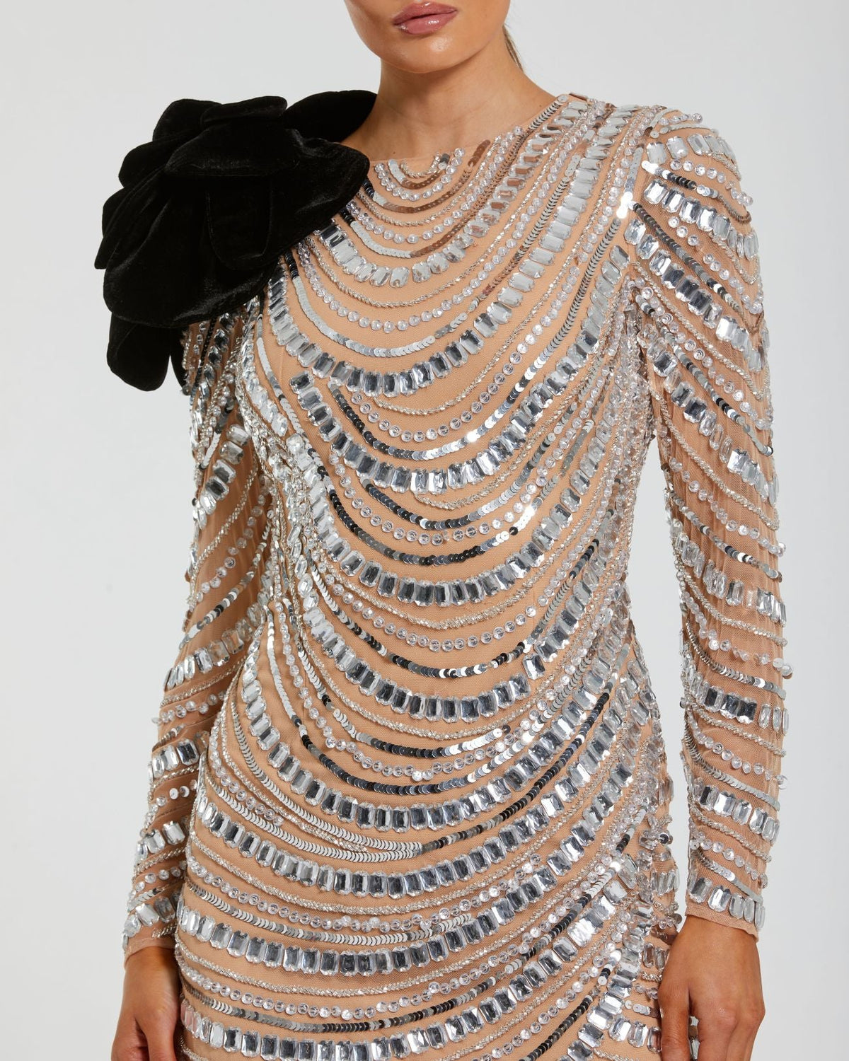 Silver Long Sleeve Embellished Mini Dress with Velvet Flower Designer Collection