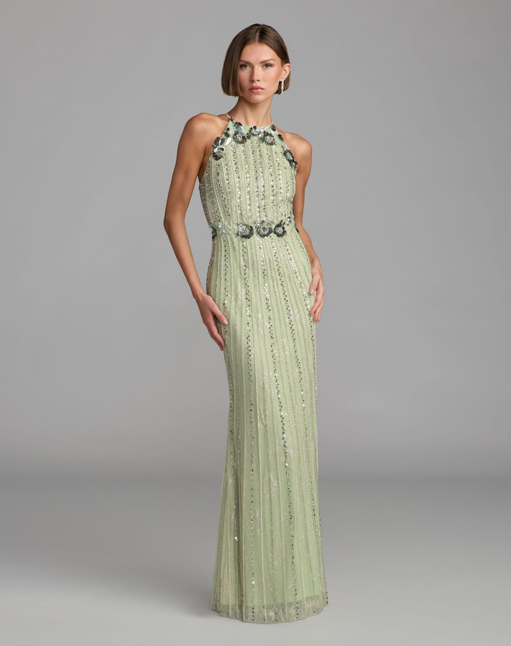 Green Sleeveless 3D Floral Embellished Column Gown - Designer Collection