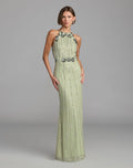 Green Sleeveless 3D Floral Embellished Column Gown - Designer Collection