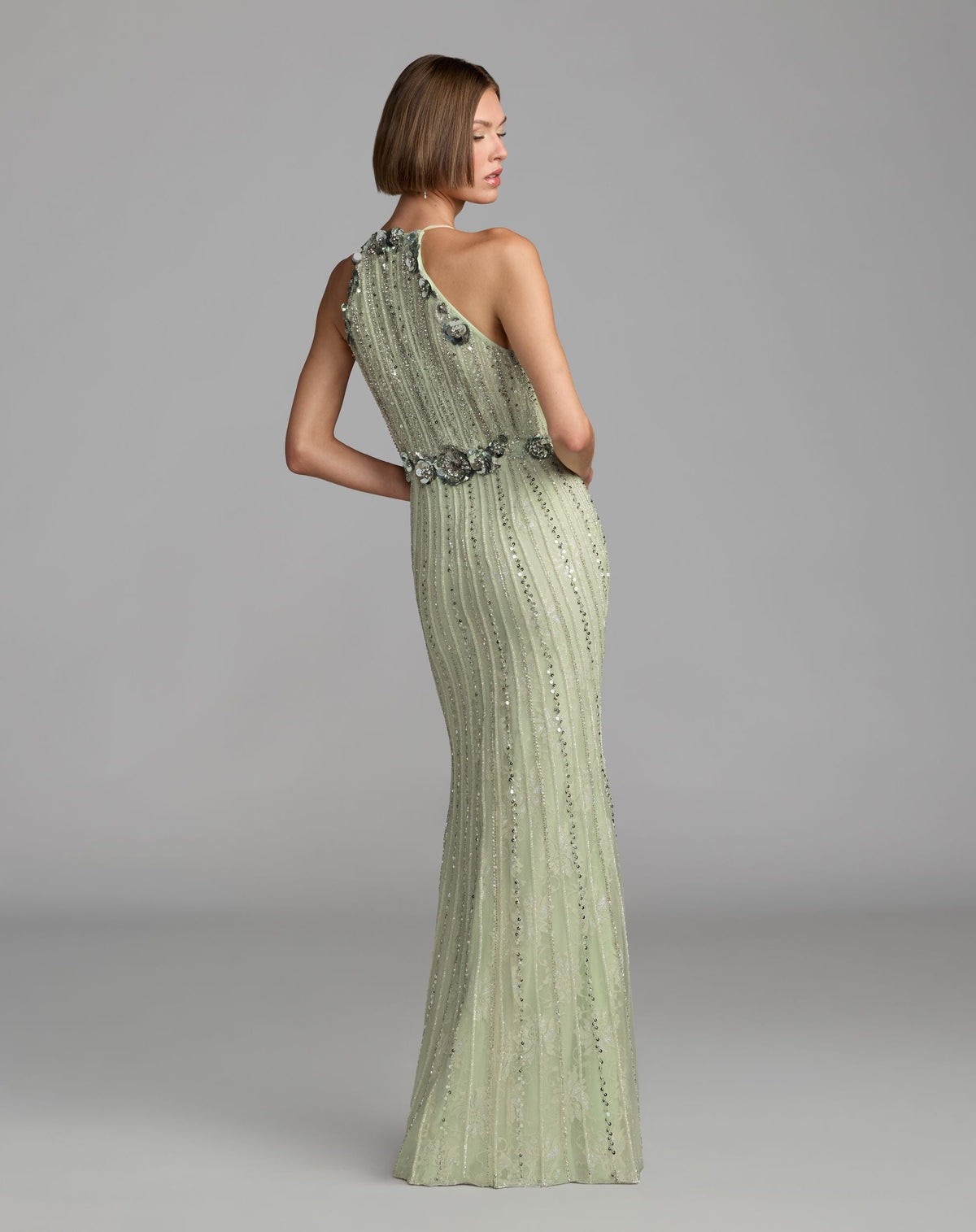 Green Sleeveless 3D Floral Embellished Column Gown - Designer Collection