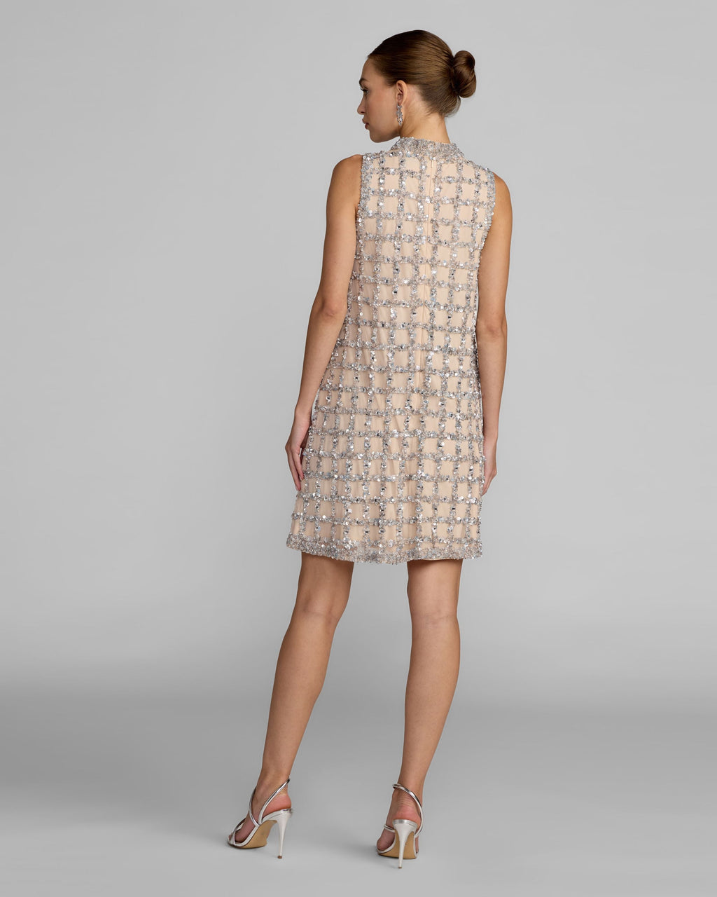 Silver Nude Crystal Embellished Shift Dress - Designer Collection