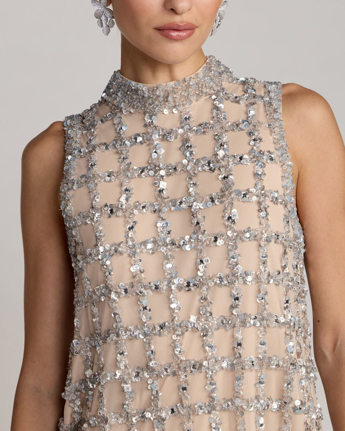 Silver Nude Crystal Embellished Shift Dress - Designer Collection