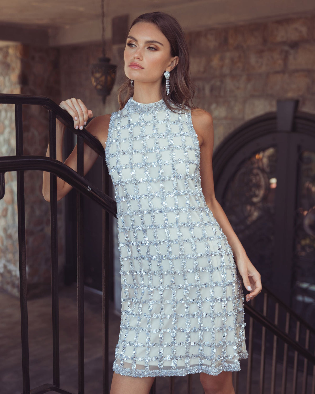 Silver Nude Crystal Embellished Shift Dress - Designer Collection