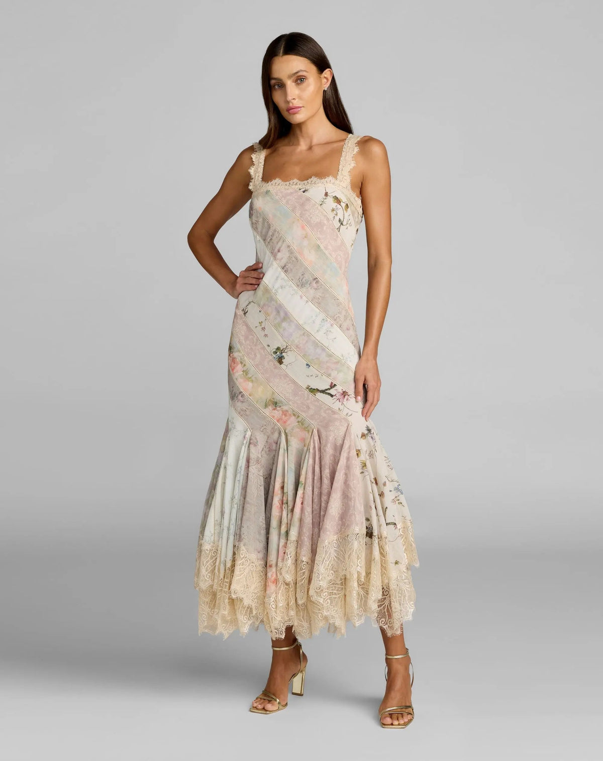 Multicolor Floral Chiffon Midi Dress With Lace Trim - Designer Collection