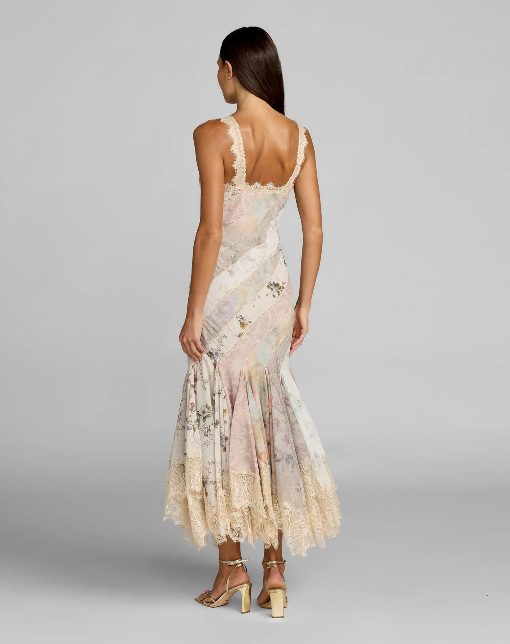 Multicolor Floral Chiffon Midi Dress With Lace Trim - Designer Collection