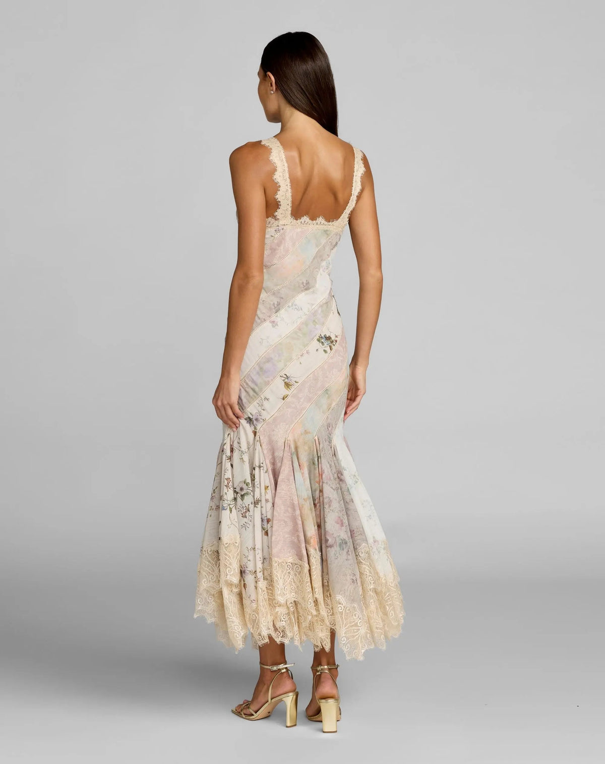 Multicolor Floral Chiffon Midi Dress With Lace Trim - Designer Collection