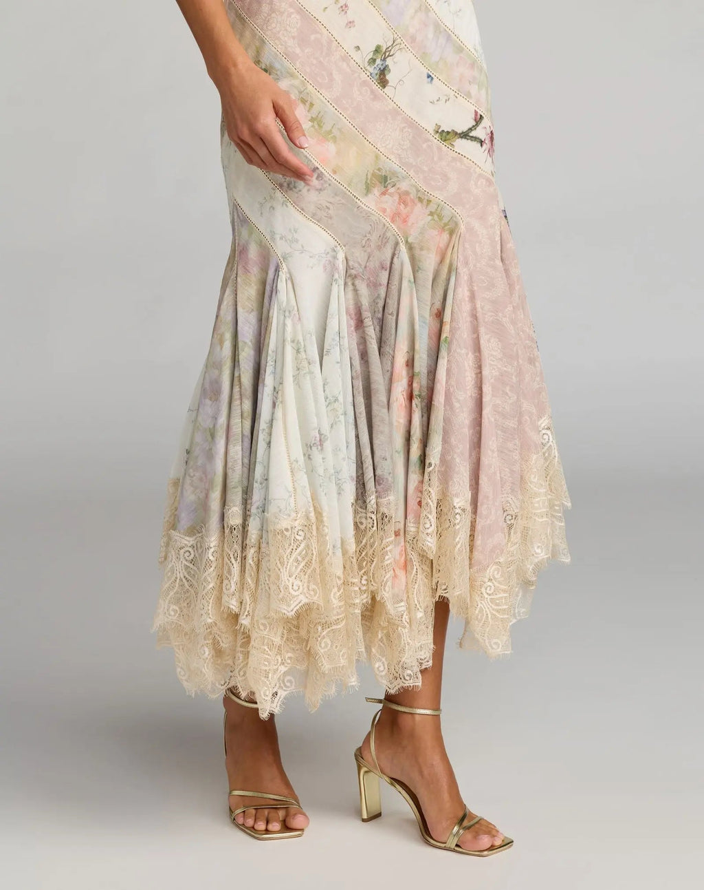 Multicolor Floral Chiffon Midi Dress With Lace Trim - Designer Collection