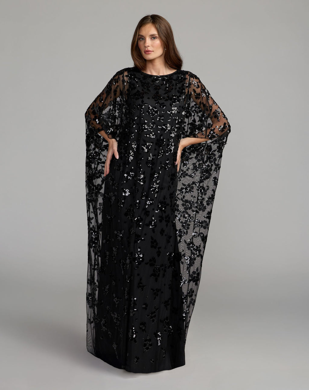 Black Sequin Embellished High Neck Kaftan Gown - Designer Collection