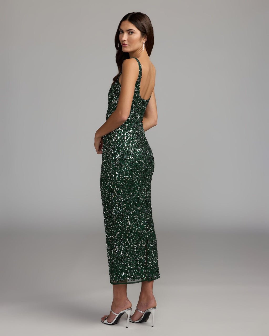 Emerald Sequin Sleeveless Midi Dress Designer Collection