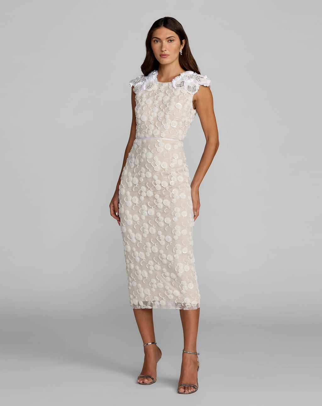 White Lace Midi Dress With 3D Floral Appliqués Designer Collection