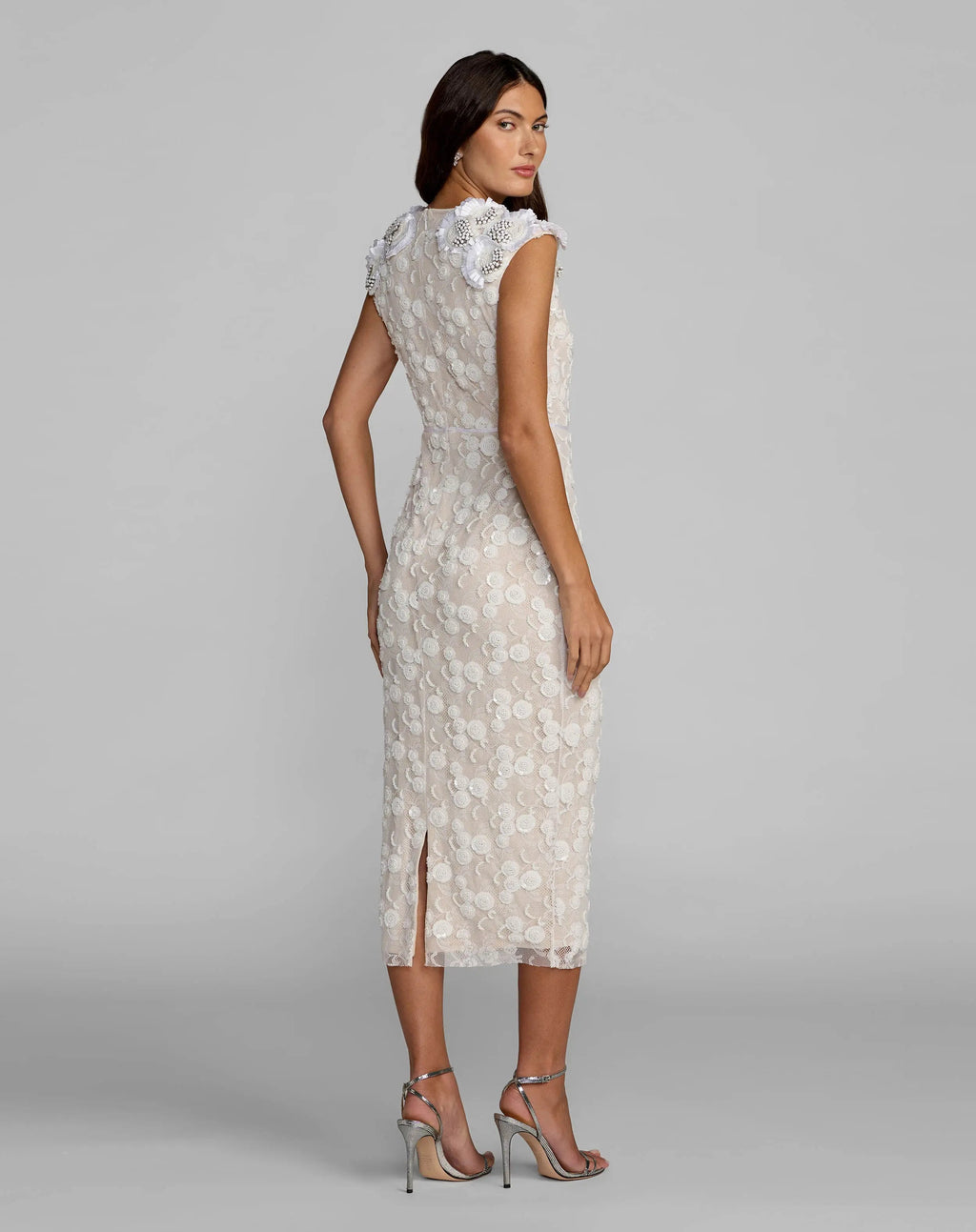 White Lace Midi Dress With 3D Floral Appliqués Designer Collection