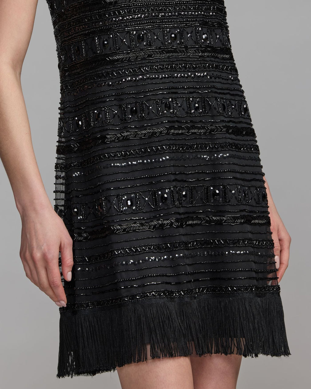 Black Geometric Beaded Fringe Mini Dress - Designer Collection