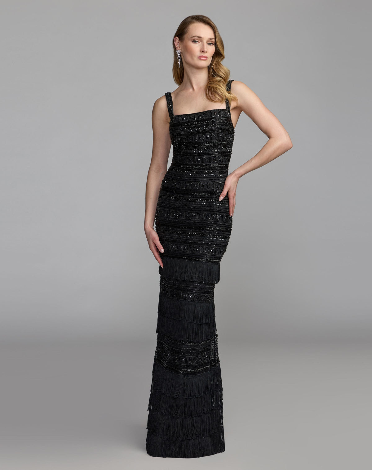 Black Geometric Embllished Gown With Fringe Designer Collection
