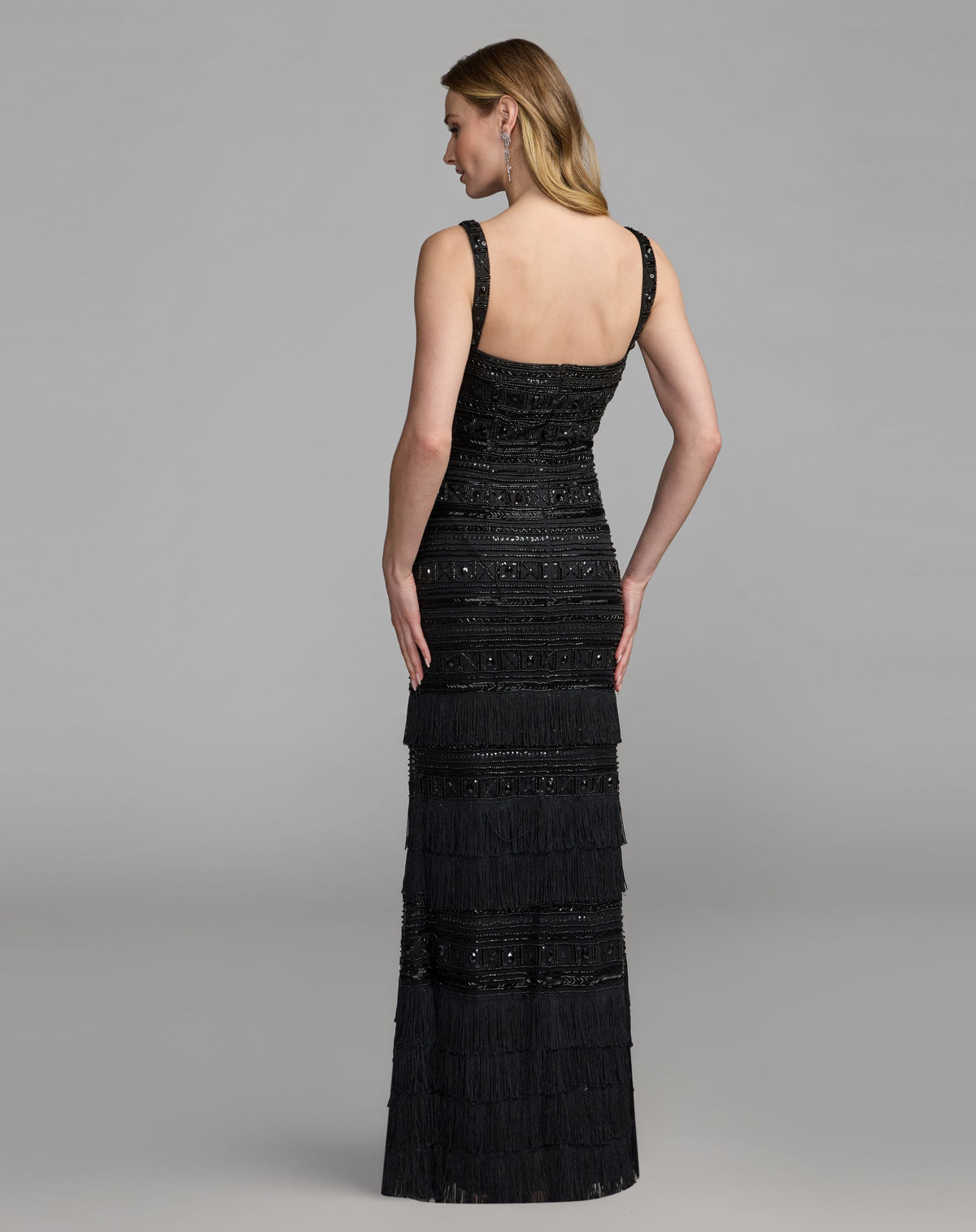 Black Geometric Embllished Gown With Fringe Designer Collection
