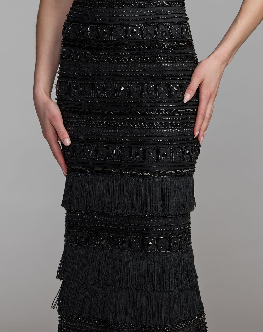 Black Geometric Embllished Gown With Fringe Designer Collection