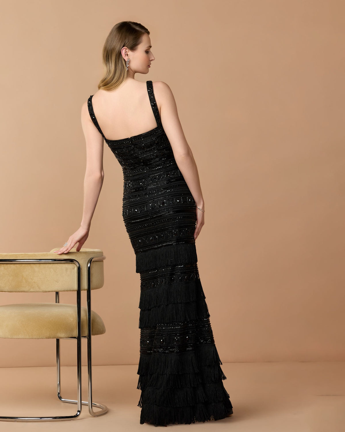 Black Geometric Embllished Gown With Fringe Designer Collection