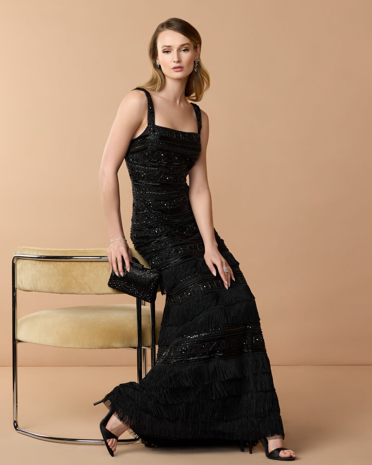 Black Geometric Embllished Gown With Fringe Designer Collection