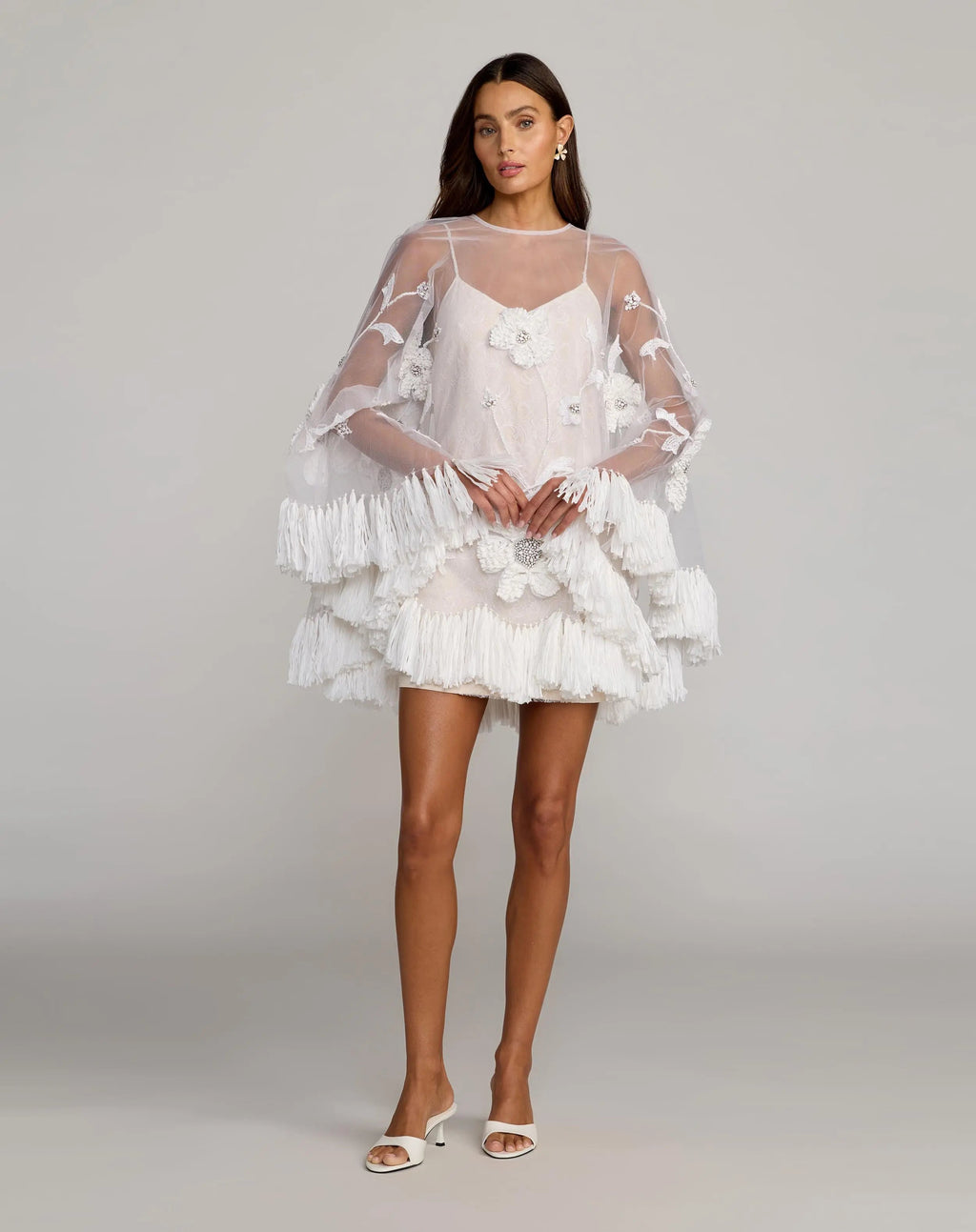 White Embellished Trapeze Mini Dress With Fringe Hem - Designer Collection