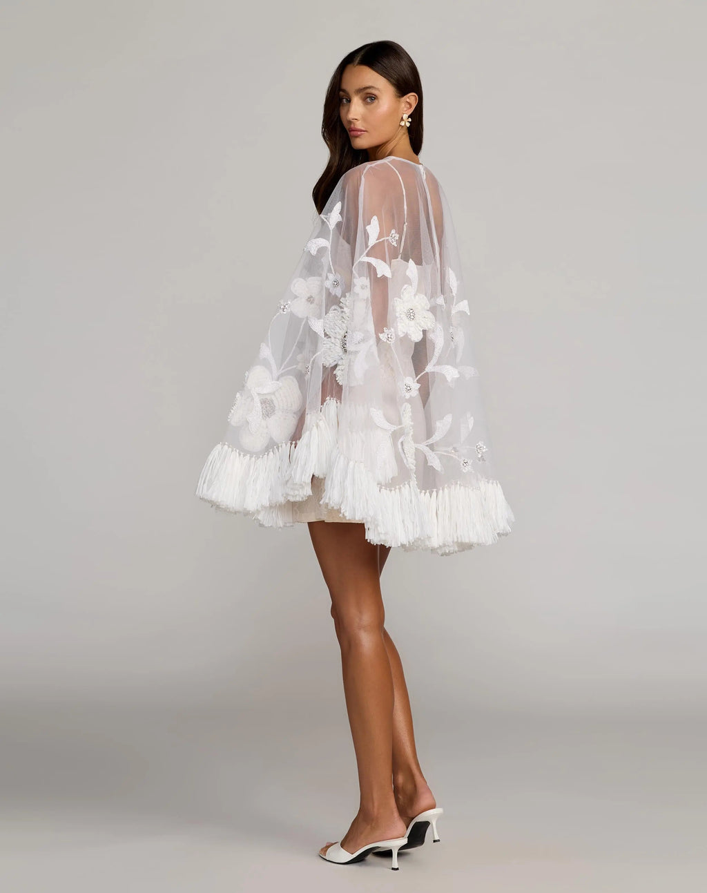 White Embellished Trapeze Mini Dress With Fringe Hem - Designer Collection