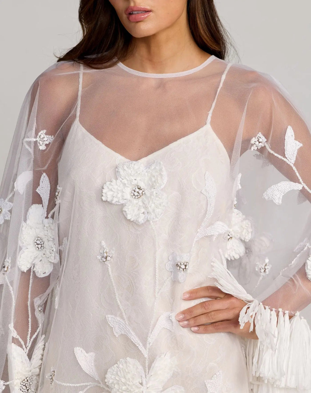 White Embellished Trapeze Mini Dress With Fringe Hem - Designer Collection