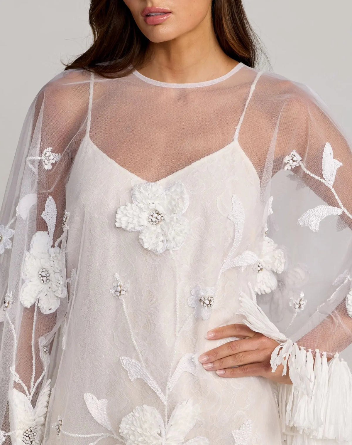 White Embellished Trapeze Mini Dress With Fringe Hem - Designer Collection