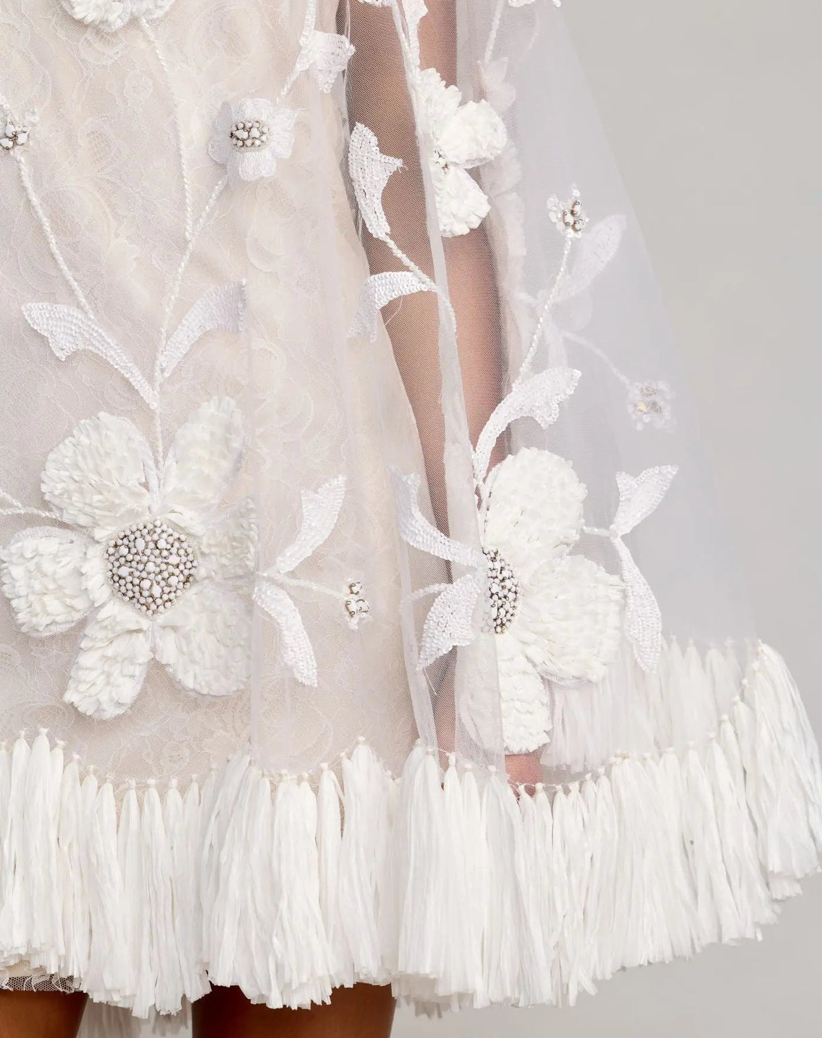 White Embellished Trapeze Mini Dress With Fringe Hem - Designer Collection