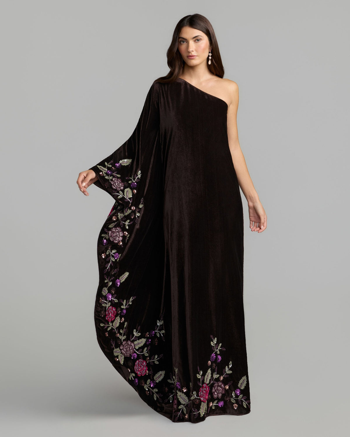 Burgundy Embellished Velvet Kaftan Gown Designer Collection